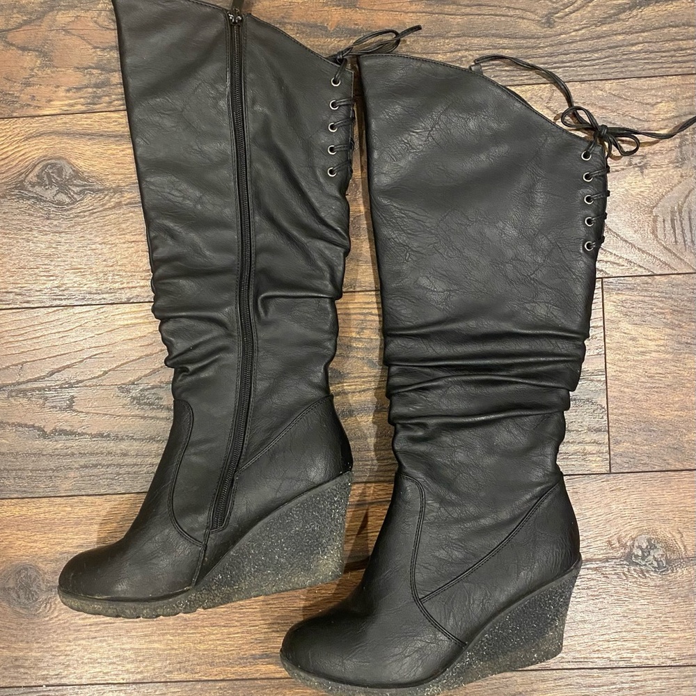 Top moda womens black lace up wedge boots size 7.5